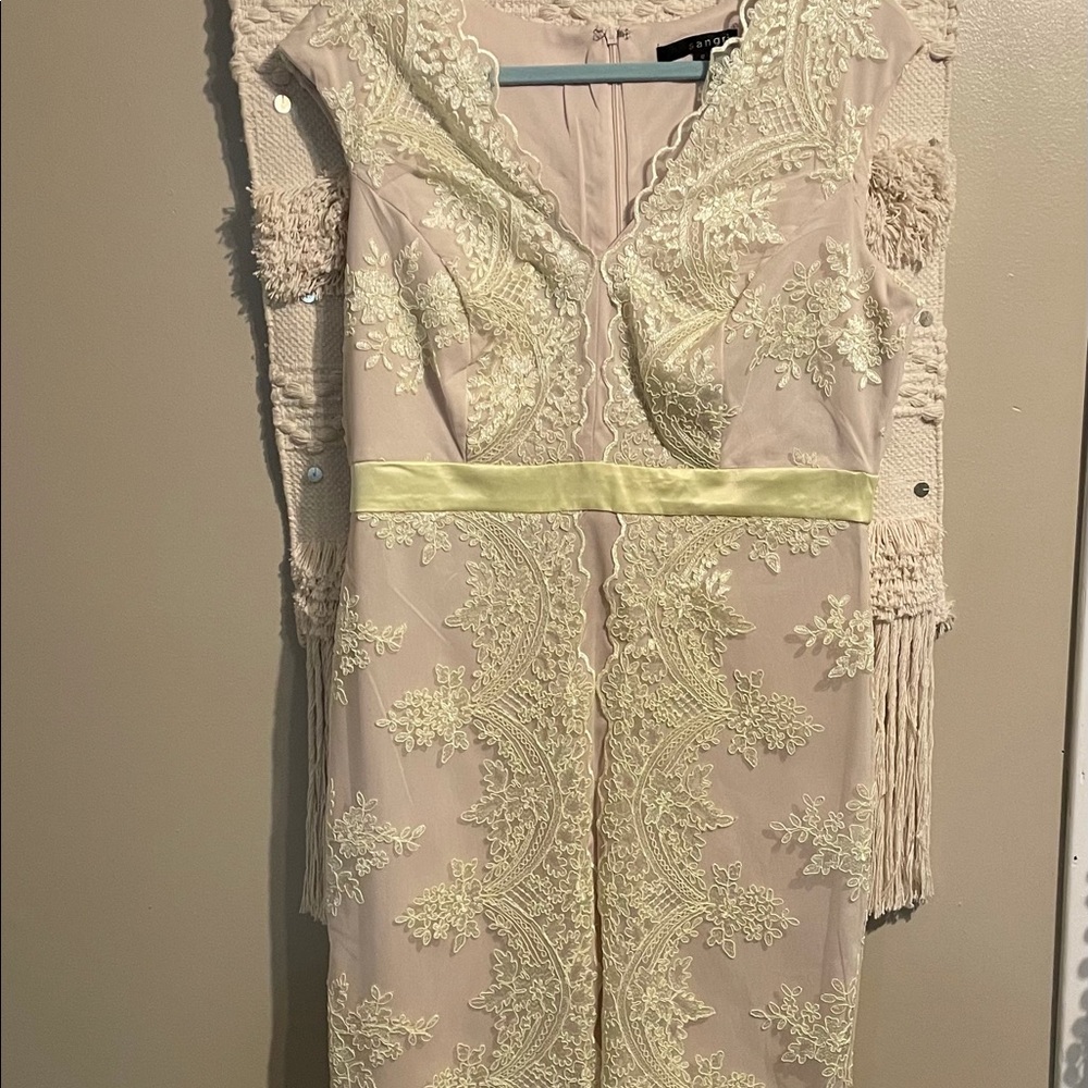 Sangria nude dress with yellow lace overlay SZ 12